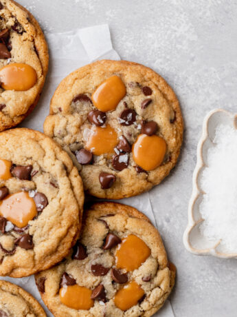 Top view of caramel chocolate chip cookies.