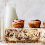 Side view of cinnamon roll cheesecake.