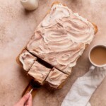 Pulling a slice out of chai spiced sheet cake.