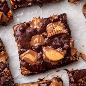 Top view of peanut butter cup brownies.