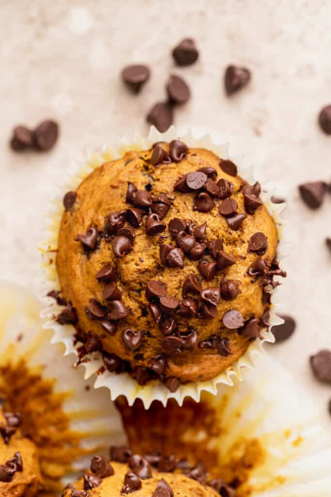 Top of a pumpkin chocolate chip muffins.