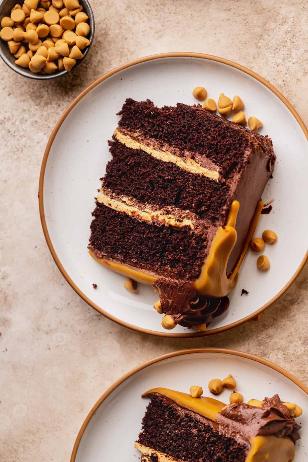 Chocolate butterscotch cake slice on a plate,