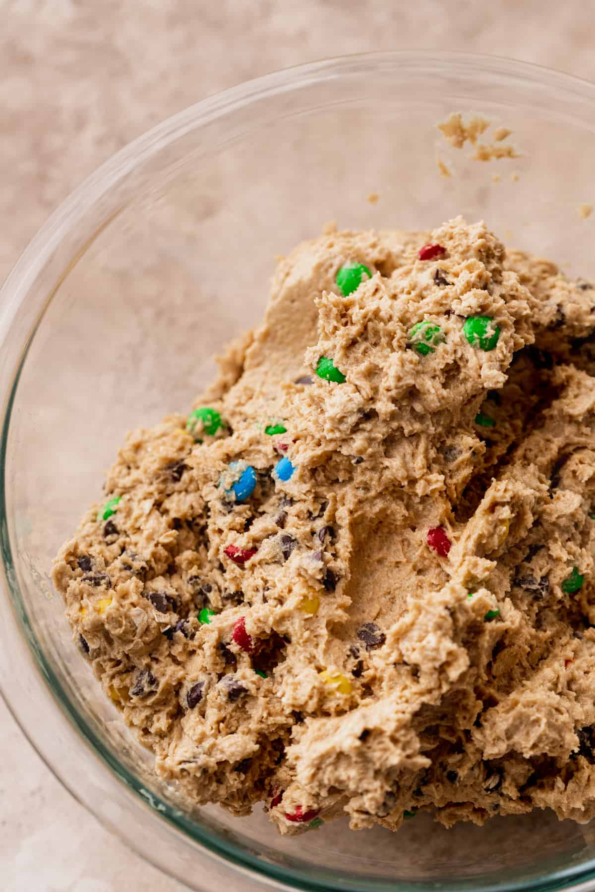 Cookie dough in a glass bowl.