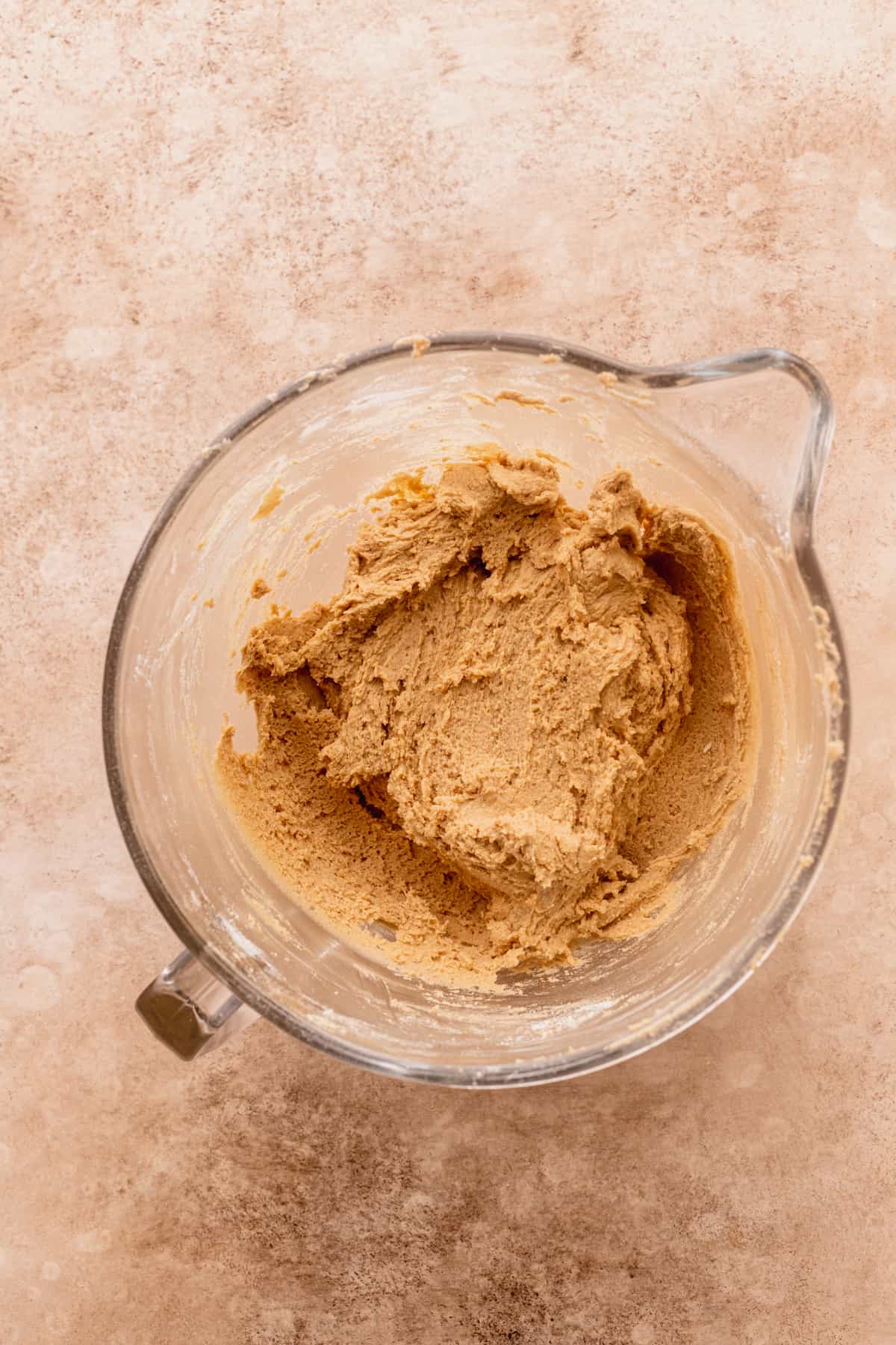 Cookie dough in a glass bowl.