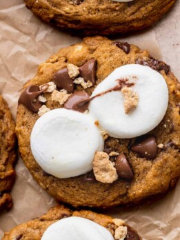 Pumpkin s'mores cookies with gooey marshmallows on top.