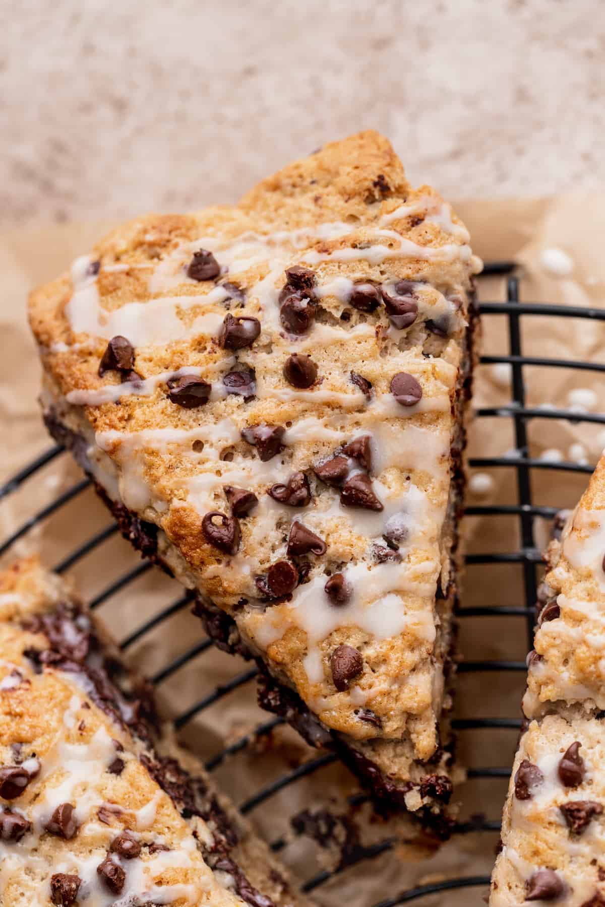 Close up of chocolate chip stuffed scones.