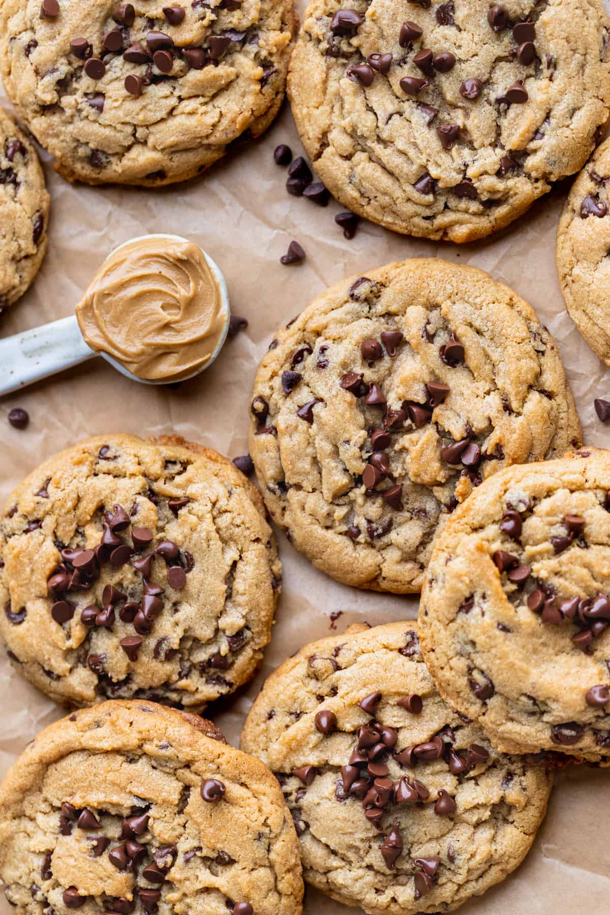 Peanut butter chocolate chip cookies on parchment paper.