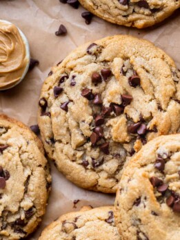 Close up of peanut butter chocolate chip cookies.