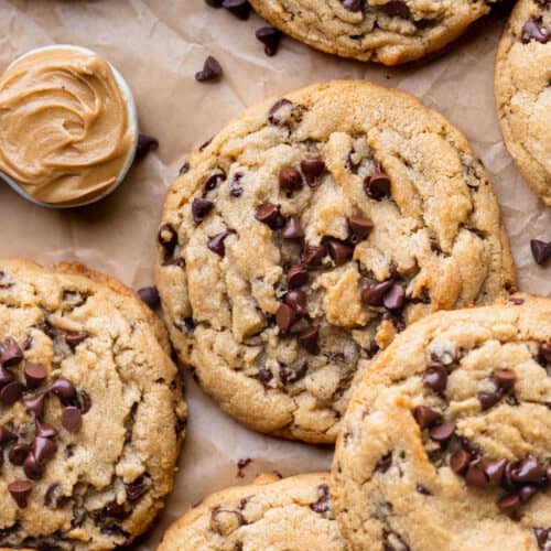 Close up of peanut butter chocolate chip cookies.