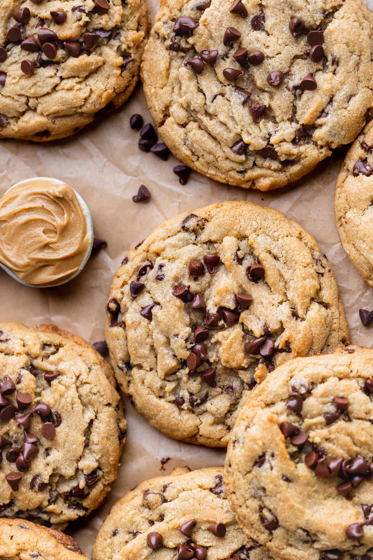 Close up of peanut butter chocolate chip cookies.