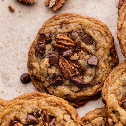 Close up of cinnamon pecan chocolate chip cookies.