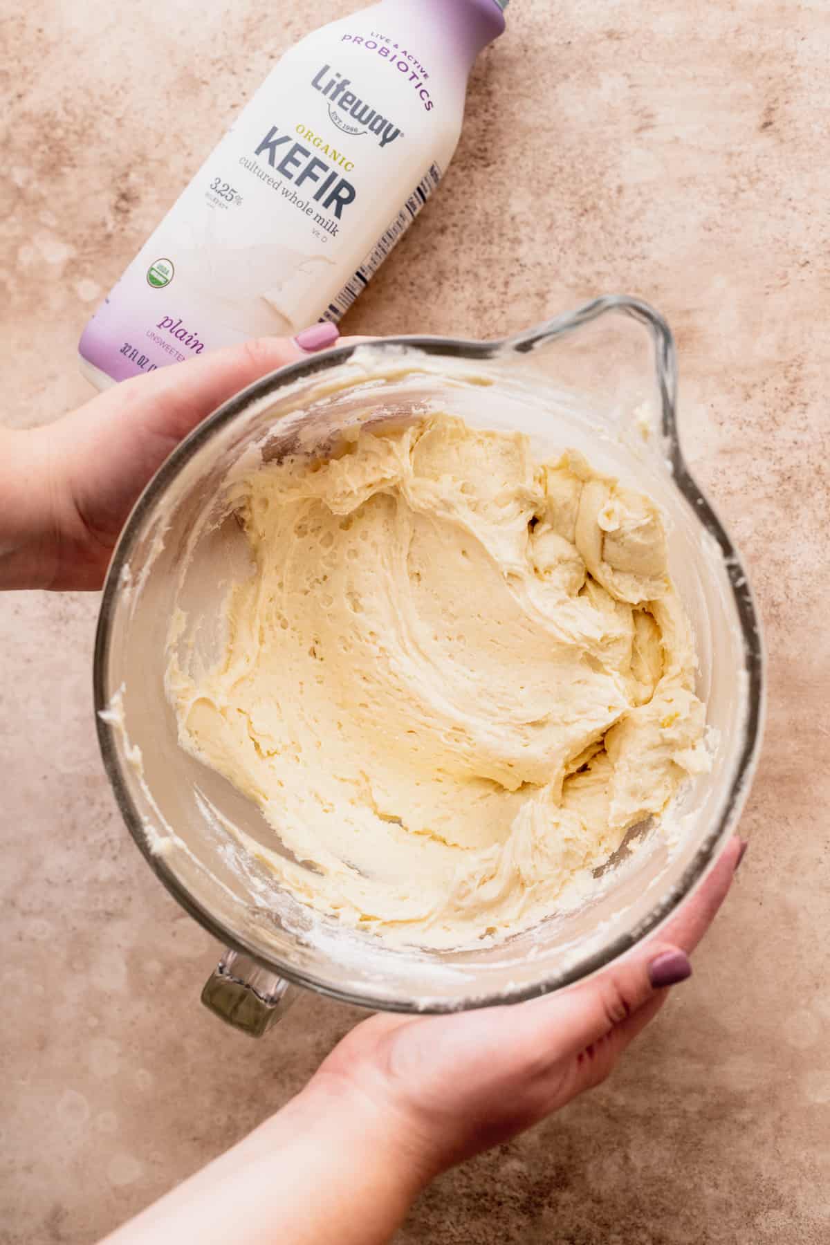 Cake batter in a glass bowl.