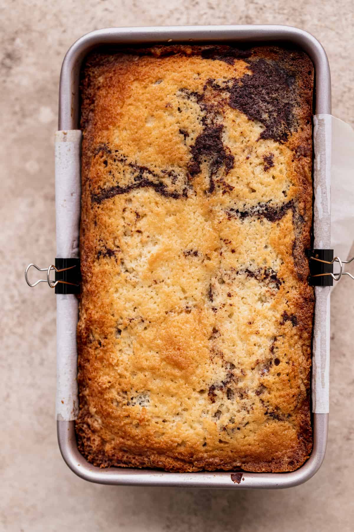 Baked cake in pan.