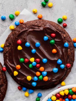 Cosmic brownie cookie on parchment paper.
