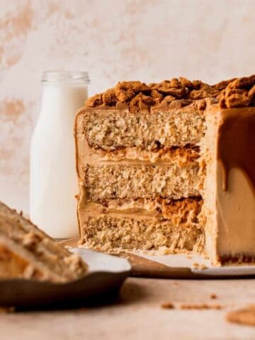 Cut open Biscoff layered cake.