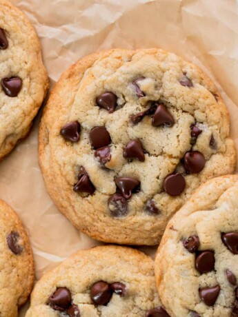 Small batch chocolate chip cookies on a parchment paper.