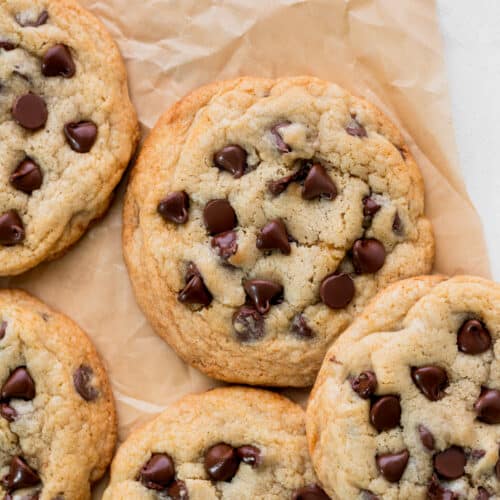 Small batch chocolate chip cookies on a parchment paper.