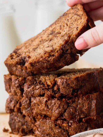 Stack of easy cinnamon swirl banana bread.