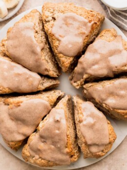 Cinnamon banana scones on a marble board.