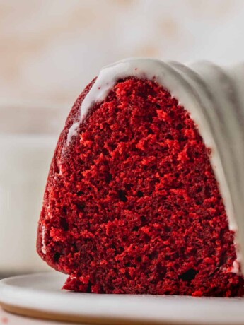 Red velvet bundt cake showing the inside.