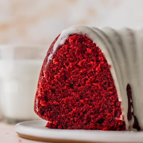 Red velvet bundt cake showing the inside.