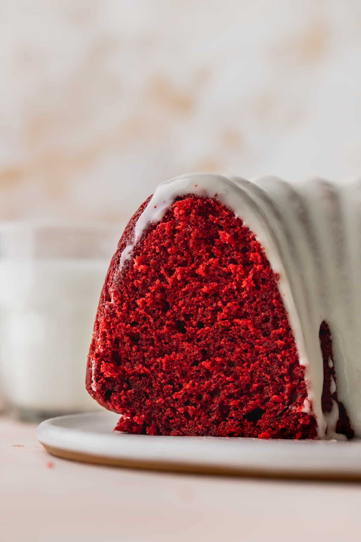 Red velvet bundt cake showing the inside.