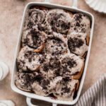 Oreo cinnamon rolls baked in a pan.