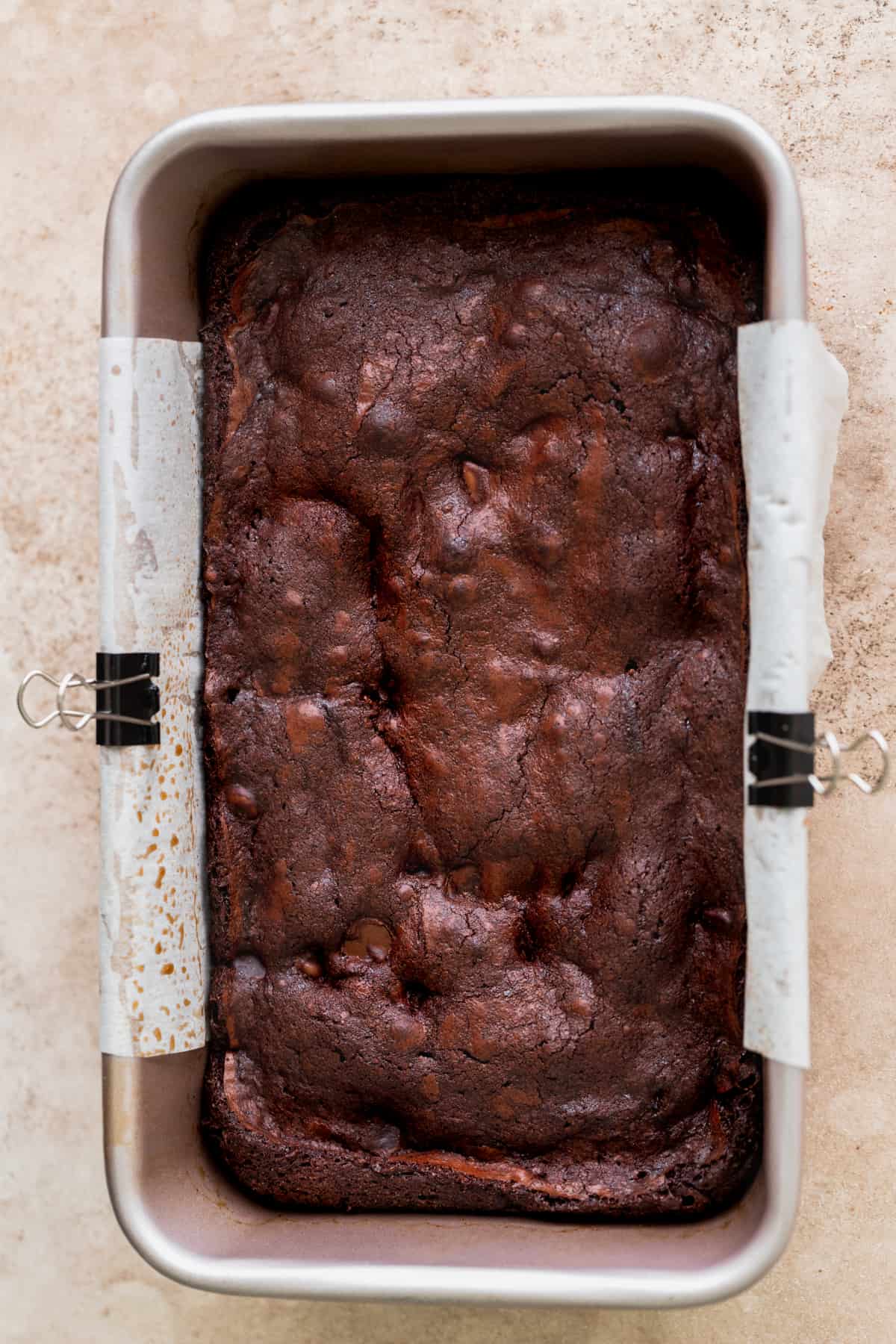 Brownie baked in a loaf pan.