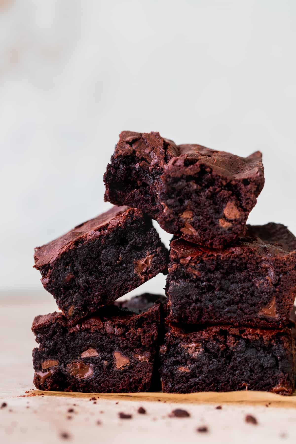 Stack of fudgy small batch brownies.