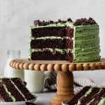 Chocolate mint cake on a cake stand with cake slices around it.
