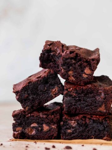 Stack of fudgy small batch brownies.