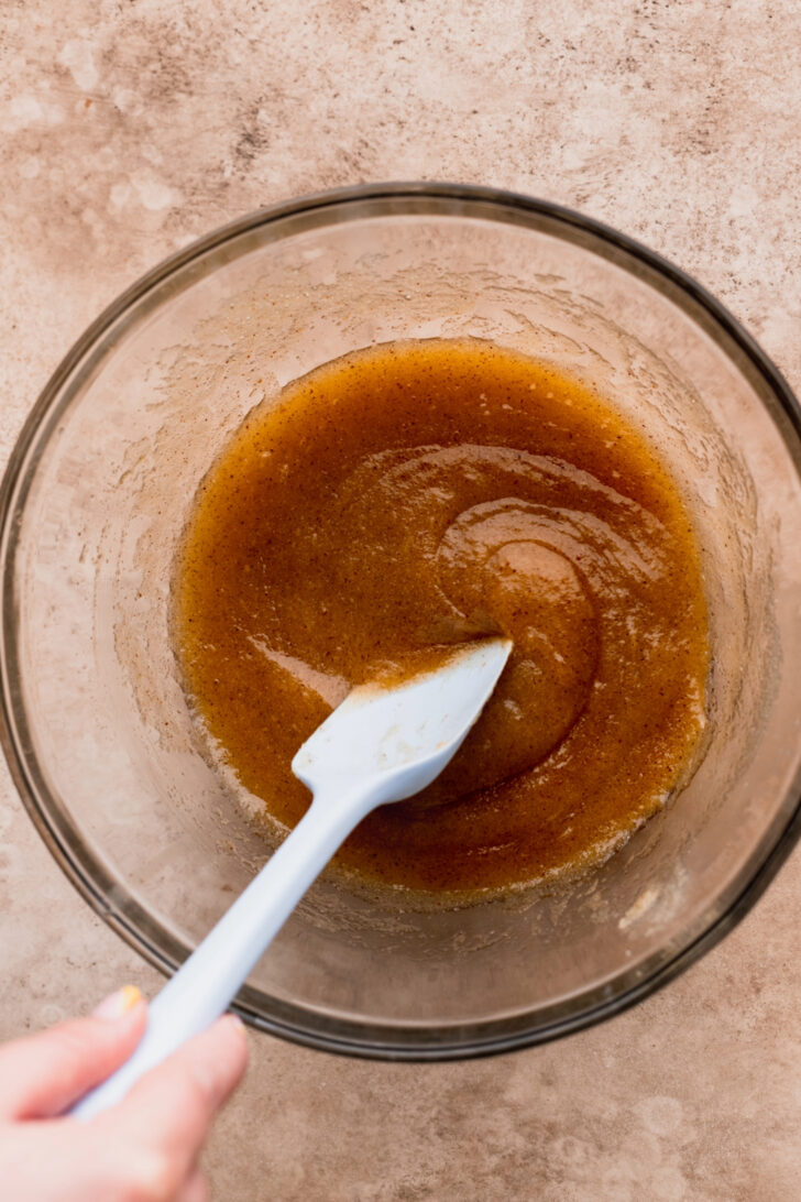 Wet ingredients in a bowl.