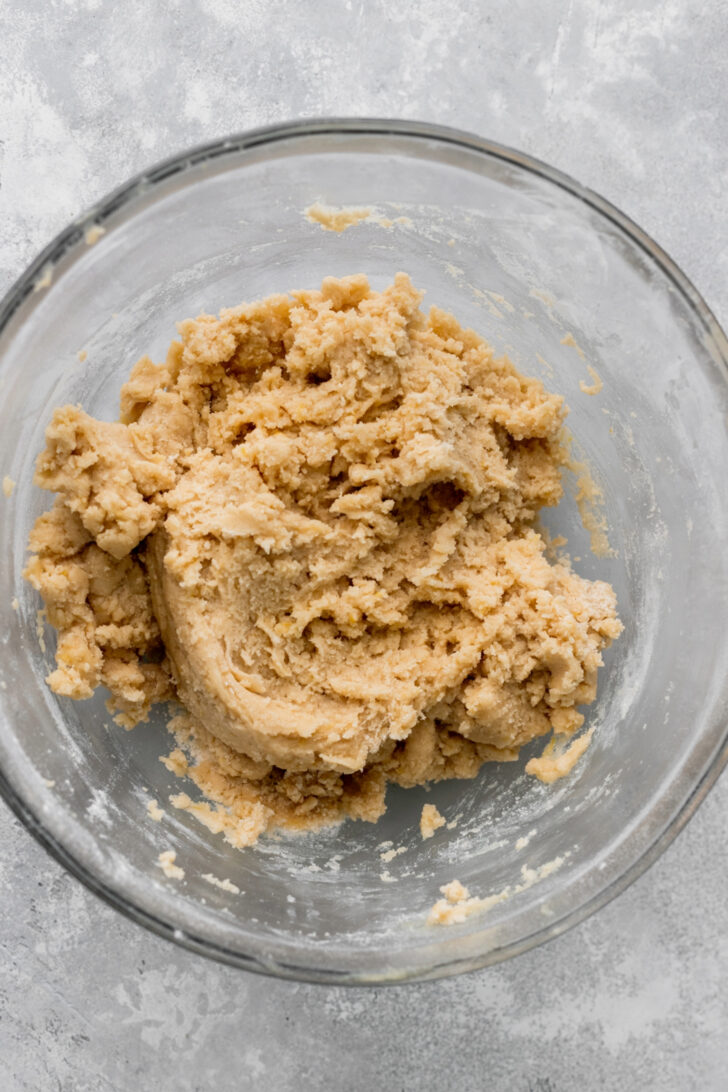 Cookie dough in a glass bowl.