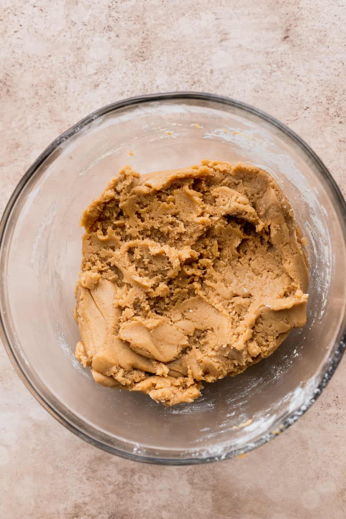 Cookie dough in a glass bowl.