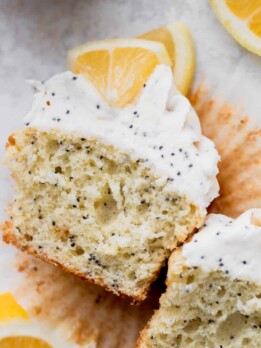 Lemon poppy seed cupcakes split in half.