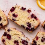Top view of slices of blackberry lemon bread.
