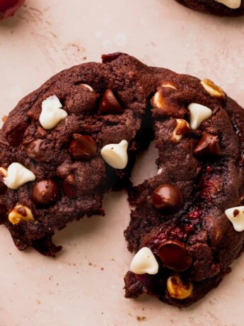 One black forest cookie split in half.