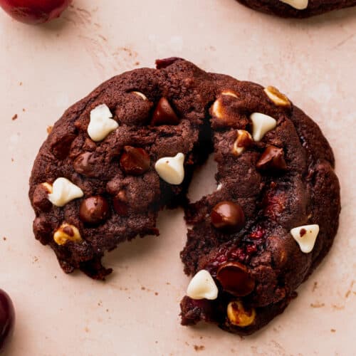 One black forest cookie split in half.