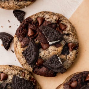 Oreo brookie cookie on parchment paper.