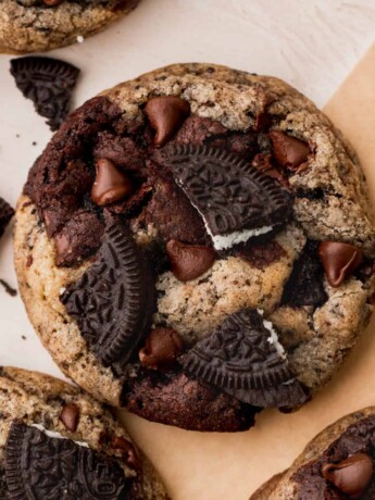 Oreo brookie cookie on parchment paper.