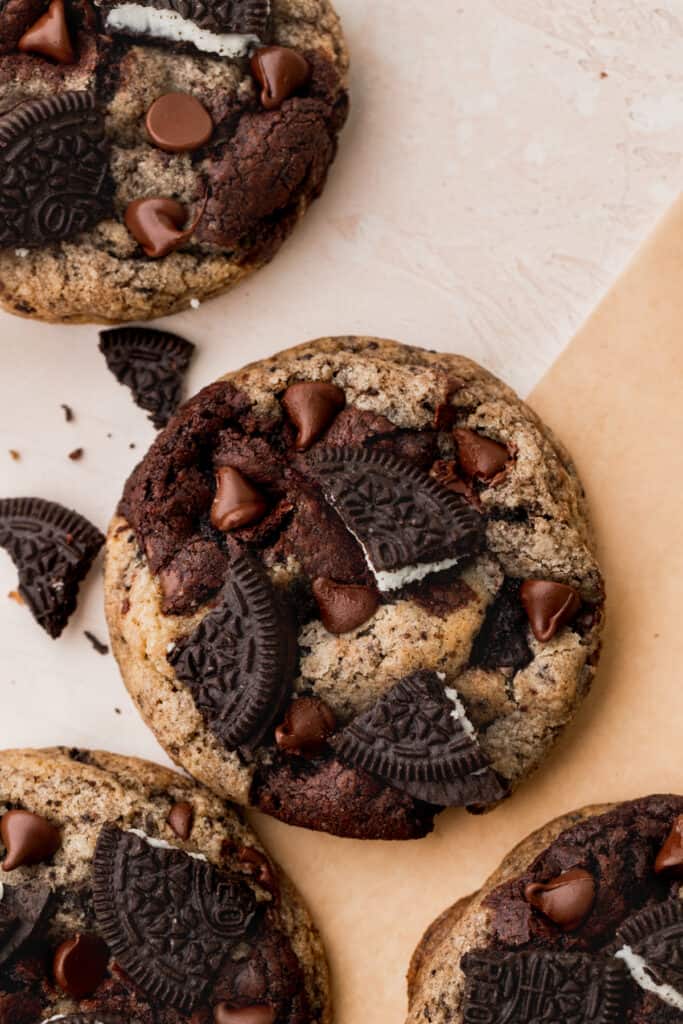 Oreo brookie cookie on parchment paper.