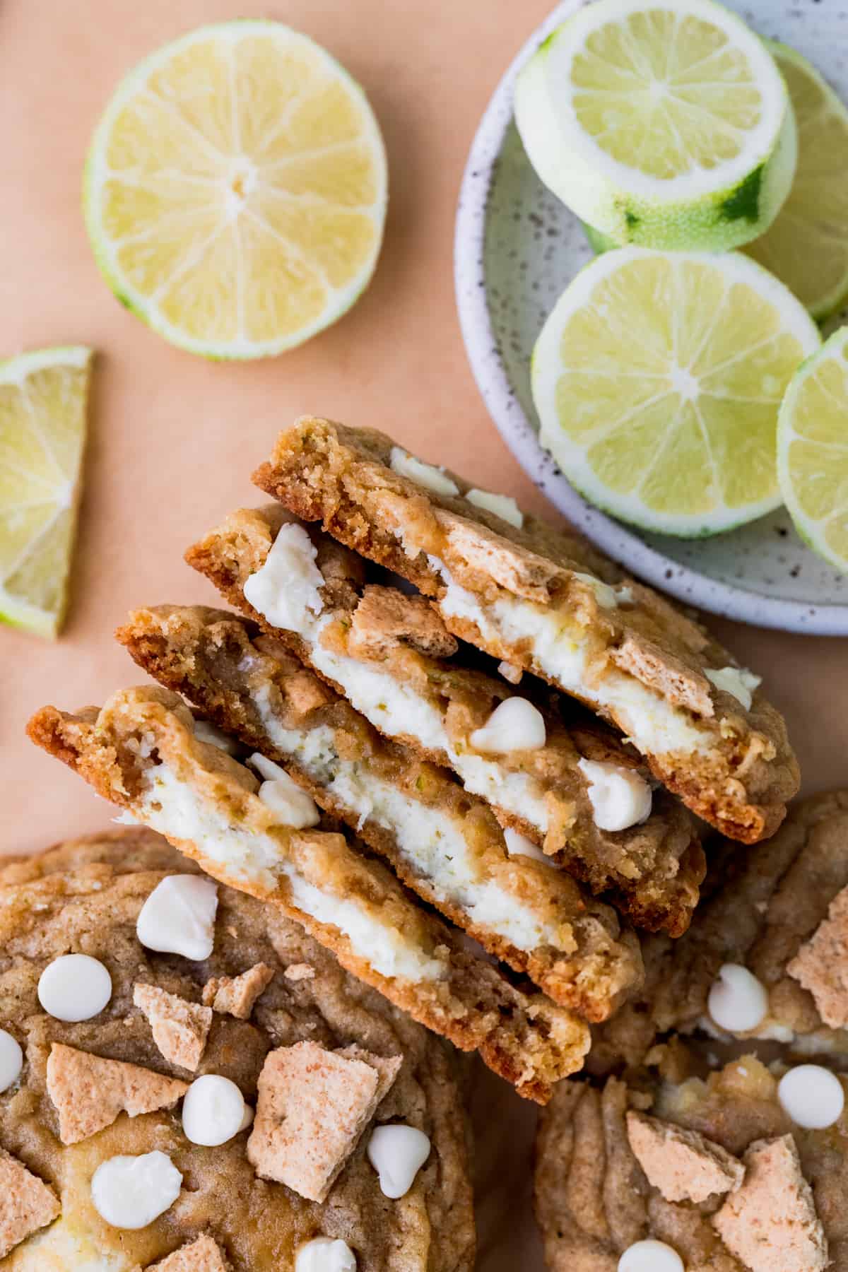 Two key lime cookies split in half.