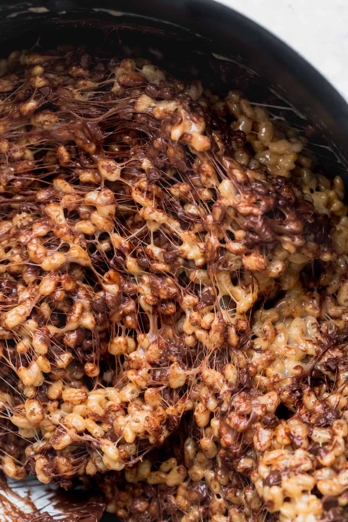 Chocolate rice krispies in a pot.