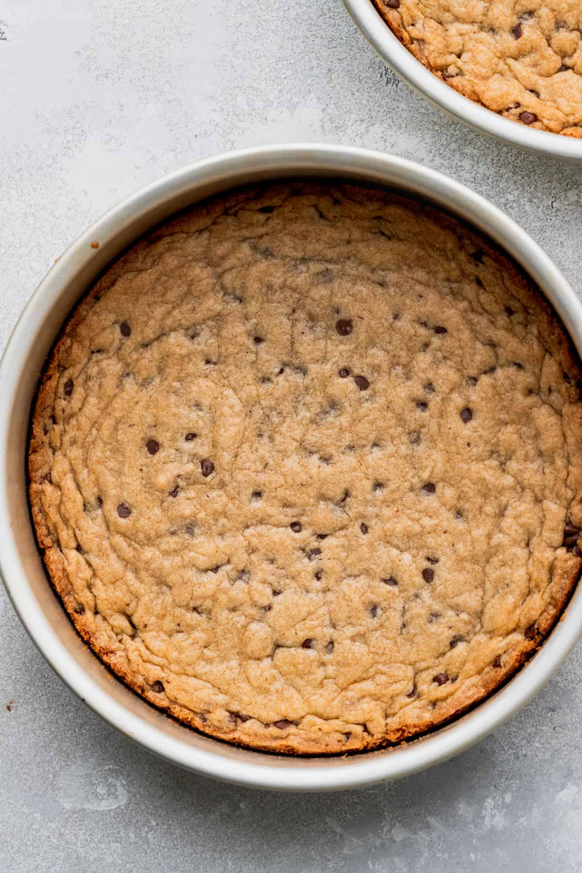 Baked cookie in a cake pan.
