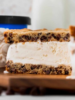 Sliced into ice cream cookie sandwich.