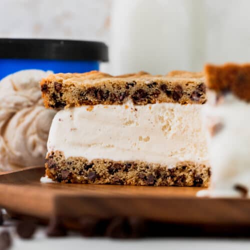 Sliced into ice cream cookie sandwich.