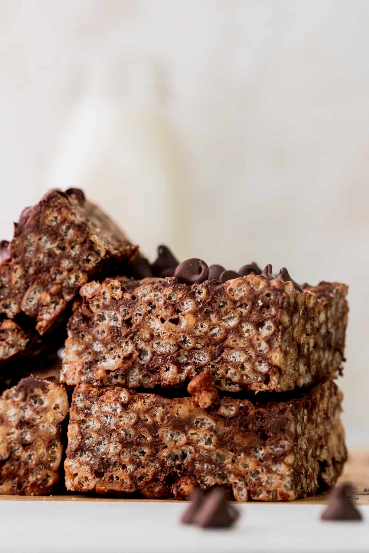 Stack of chocolate rice krispie treats.