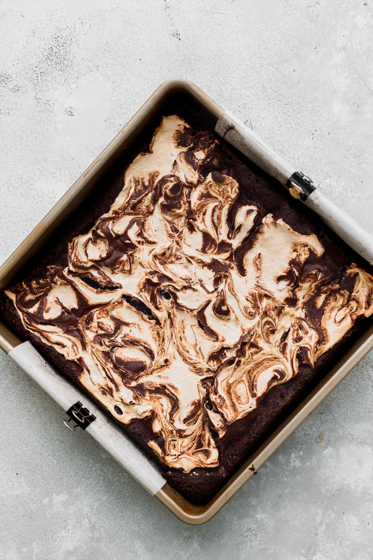 Baked brownies in the pan.