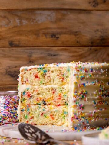 Side view of funfetti cake.