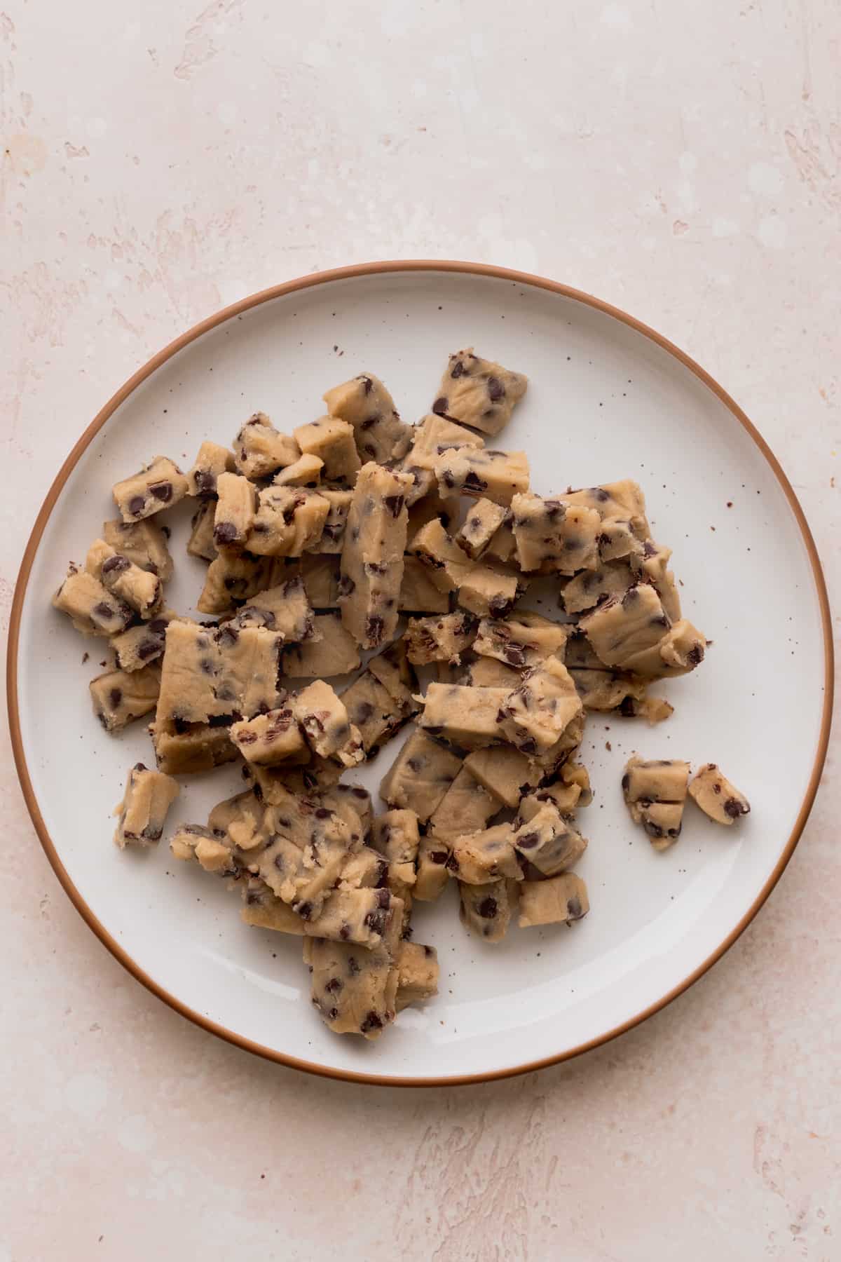 Cookie dough bites on a plate.